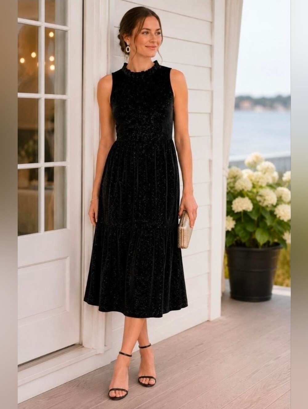 J. Crew Black Velvet Shimmer Tiered Midi Dress